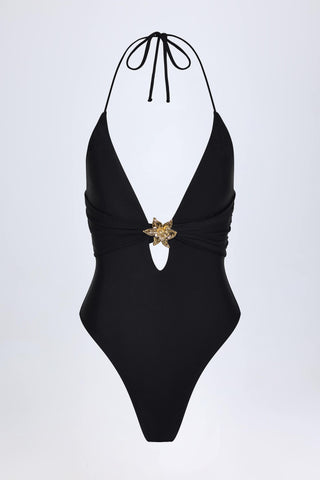 Cut-Out Hardware-Detail Swimsuit in Black