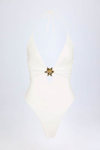 Cut-Out Hardware-Detail Swimsuit in White