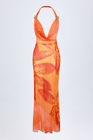 Cowl-Neck Hardware-Detail Maxi Dress in Orange Orchid Print
