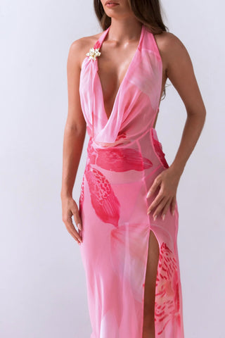 Cowl-Neck Hardware-Detail Maxi Dress in Pink Orchid Print