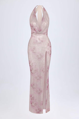 Embellished Cowl-Neck Maxi Dress in Pink White Hotfix