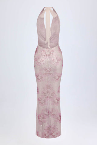Embellished Cowl-Neck Maxi Dress in Pink White Hotfix
