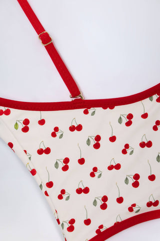 Charm-Detail Cross-Back Swimsuit in Cherry Print