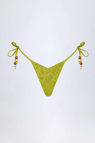 Charm-Detail Thong Bikini Bottoms in Olive Green