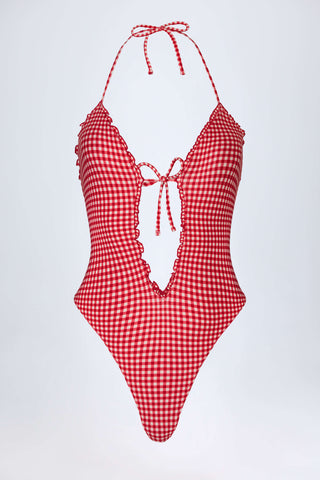 Ruffled Cut-Out Halterneck Swimsuit in Red Gingham