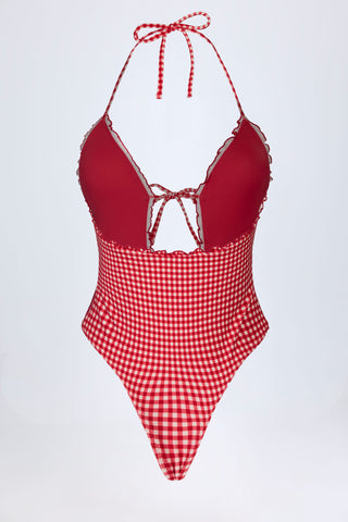 Ruffled Cut-Out Halterneck Swimsuit in Red Gingham