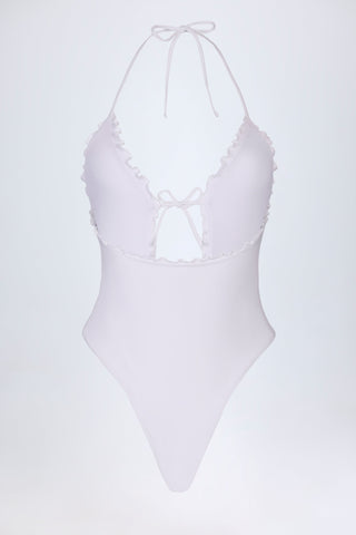 Ruffled Cut-Out Halterneck Swimsuit in White