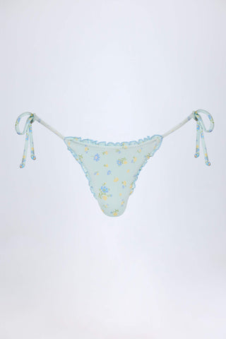 Side-Tie Thong Bikini Bottoms in Blue Floral