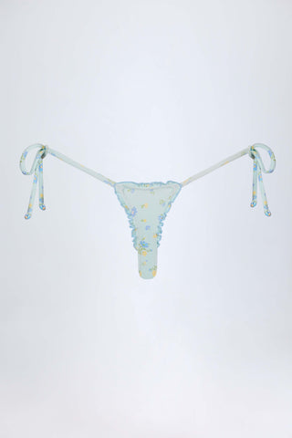 Side-Tie Thong Bikini Bottoms in Blue Floral