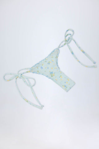 Side-Tie Thong Bikini Bottoms in Blue Floral