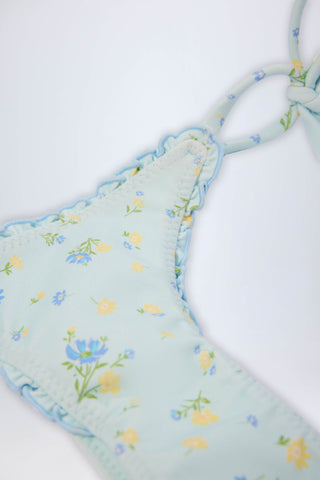 Side-Tie Thong Bikini Bottoms in Blue Floral