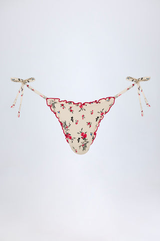 Side-Tie Thong Bikini Bottoms in Red Floral