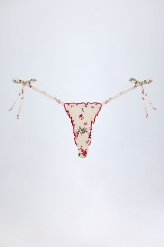 Side-Tie Thong Bikini Bottoms in Red Floral