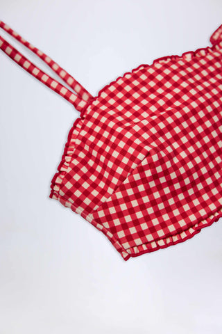 Ruffled Bandeau Bikini Top in Red Gingham