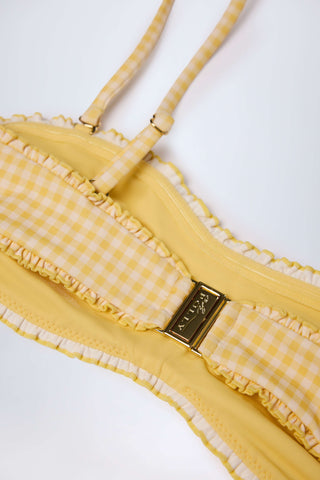 Ruffled Bandeau Bikini Top in Yellow Gingham