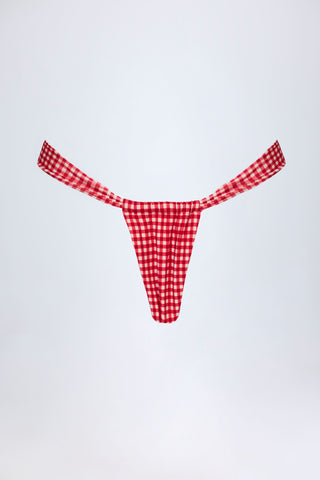 Ruched Thong Bikini Bottoms in Red Gingham