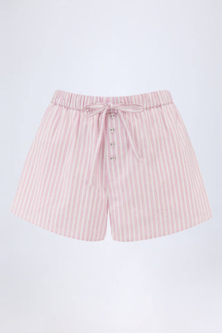 Mid-Rise Cotton-Poplin Shorts in Pink Stripe