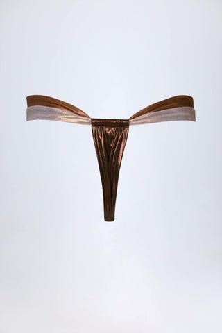 Ruched Thong Bikini Bottoms in Bronze Gold