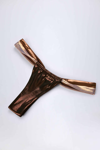 Ruched Thong Bikini Bottoms in Bronze Gold