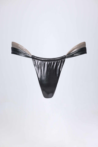 Ruched Thong Bikini Bottoms in Silver Chrome
