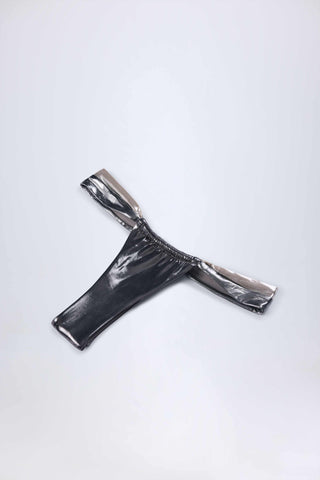Ruched Thong Bikini Bottoms in Silver Chrome