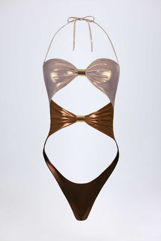 Panelled Cut-out Swimsuit in Bronze Gold