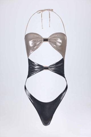 Panelled Cut-out Swimsuit in Silver Chrome