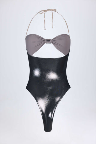 Panelled Cut-out Swimsuit in Silver Chrome