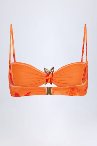 Hardware-Detail Halterneck Bikini Top in Orange Orchid Print