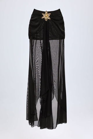 Ruched Hardware-Detail Fishtail Maxi Skirt in Black