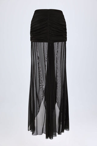 Ruched Hardware-Detail Fishtail Maxi Skirt in Black