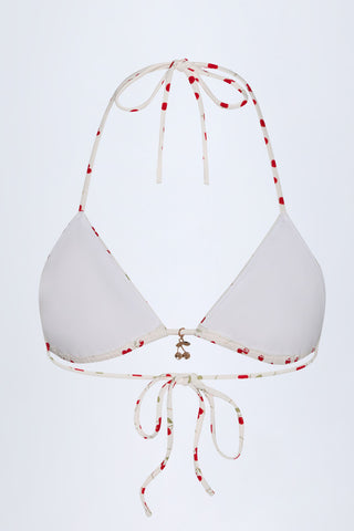 Charm-Detail Triangle Bikini Top in Cherry Print