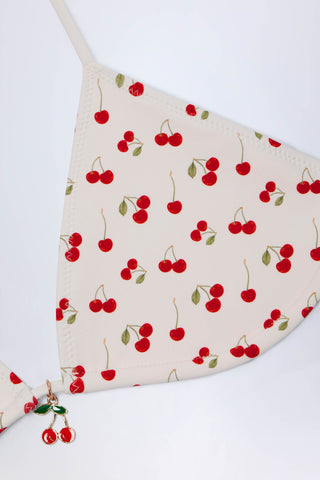 Charm-Detail Triangle Bikini Top in Cherry Print
