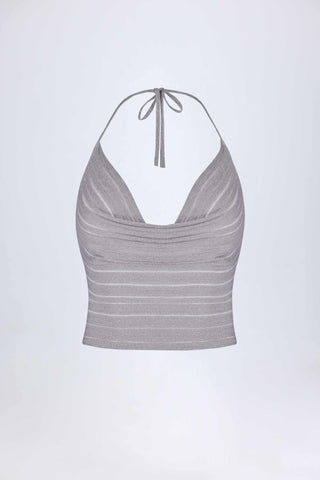 Plunge Halterneck Crop Top in Silver