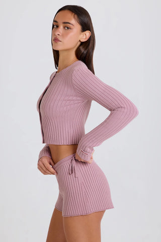 Ribbed Knit Tie Mini Shorts in Mauve