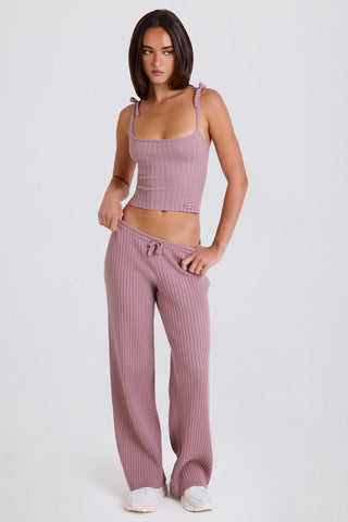 Ribbed Knit Wide-Leg Joggers in Mauve